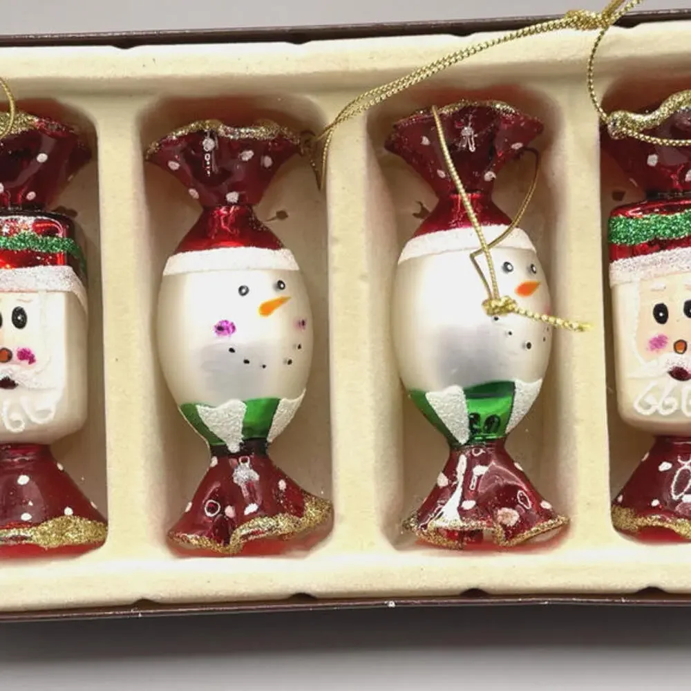 Papyrus Santa Snowman Candies Glass Christmas Ornaments‎ Set Of 4 in Box